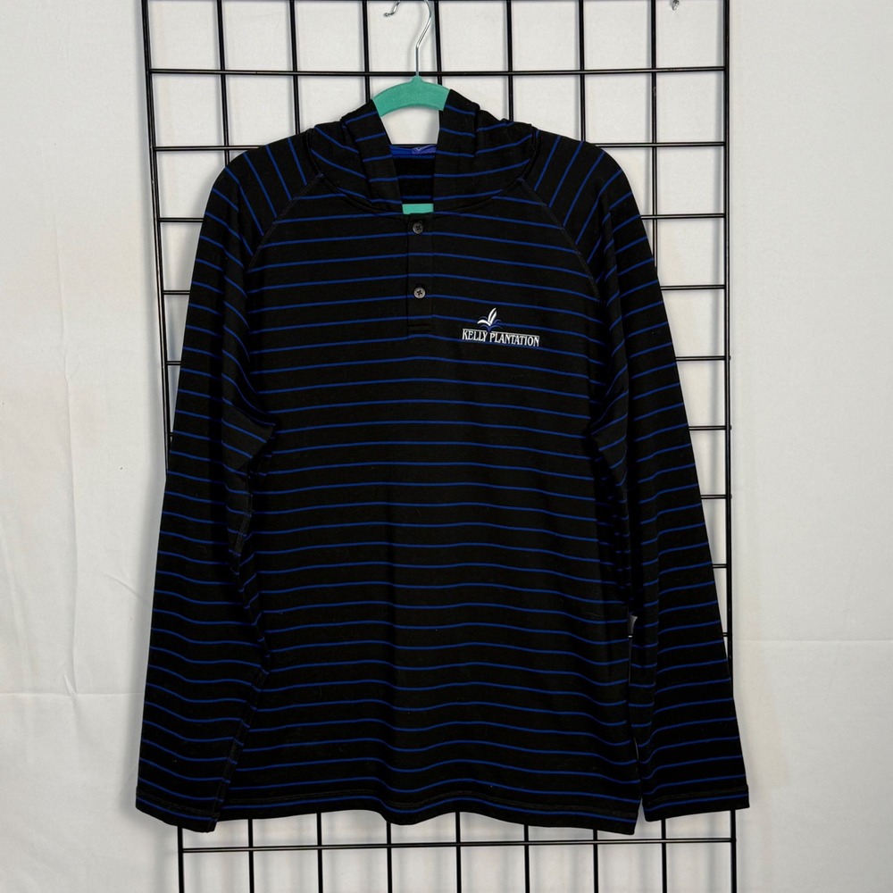FootJoy Henley Hoodie Mens XL Black Blue Striped Kelly Plantation Golf Pullover
